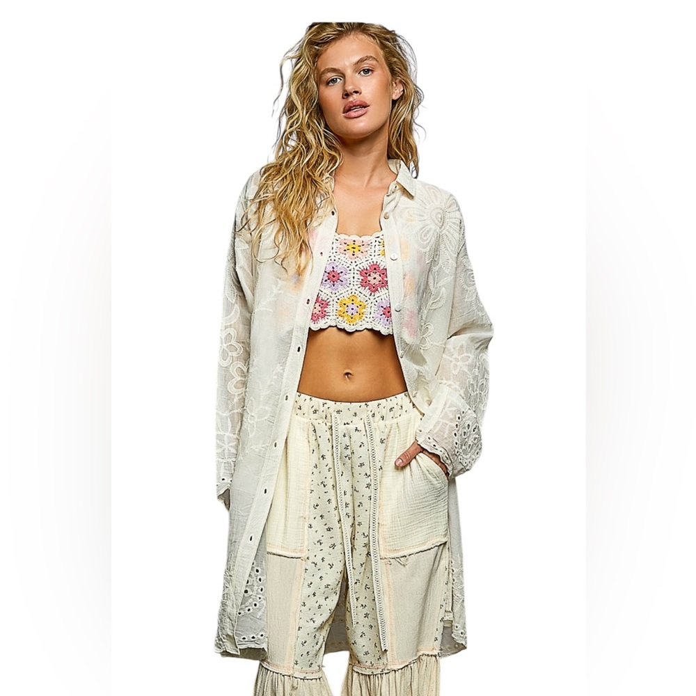 POL IVORY EMBROIDERED Long Sleeve Button up Cotton Shacket